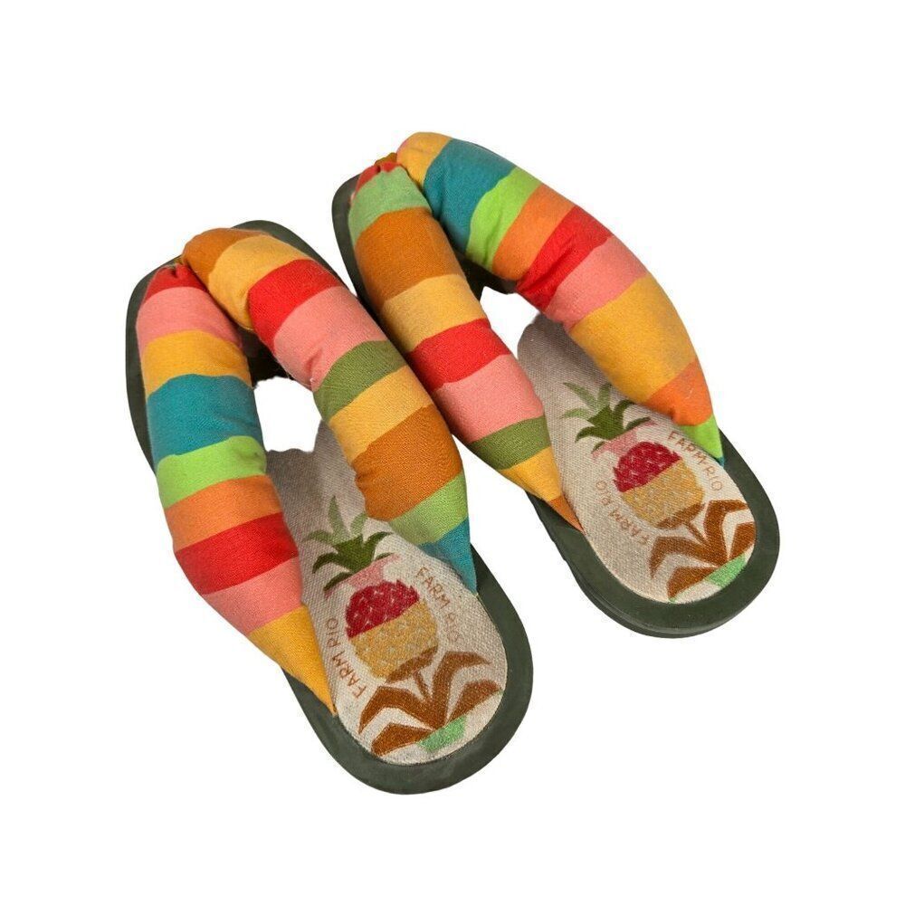 Farm Rio Colorful Stripe Fabric Sandals Padded Pineapple Flip-Flops Womens 7